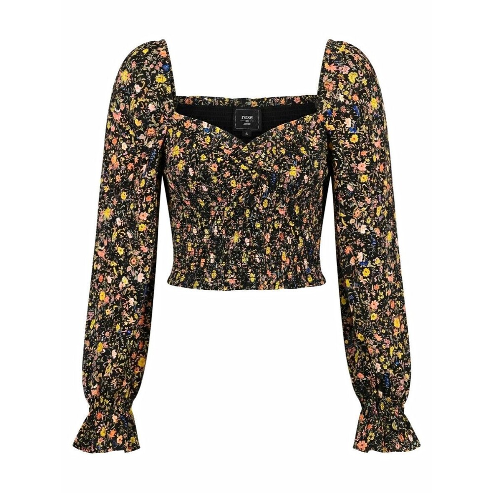 Rese by Jane Black Floral Smocked Crop Top Puff Sleeve S Cottagecore Whimsigoth